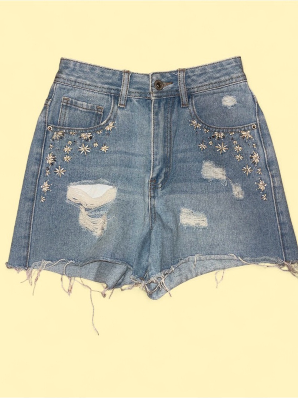 Embroidered Distressed Blue Denim Jean Shorts